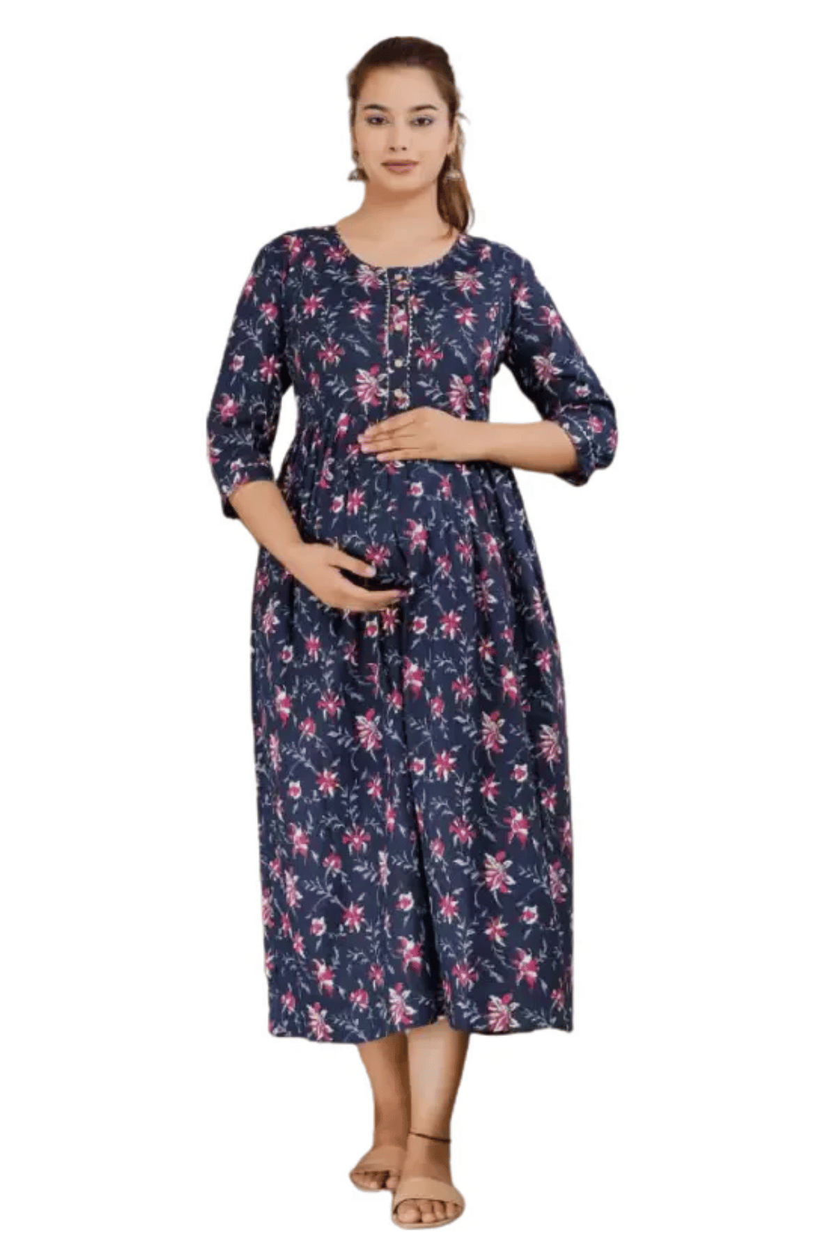 Majestic divas Cotton Navy Blue Floral Maternity Feeding Kurta Dress with Dual Zippers Main image