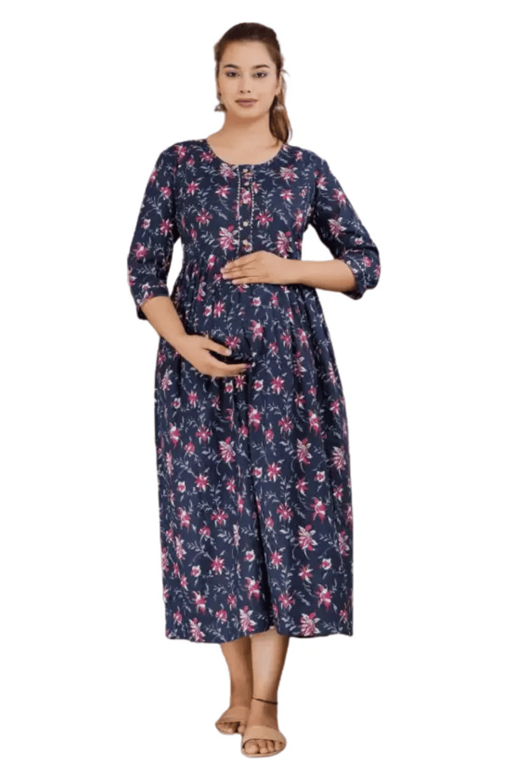 Majestic divas Cotton Navy Blue Floral Maternity Feeding Kurta Dress with Dual Zippers