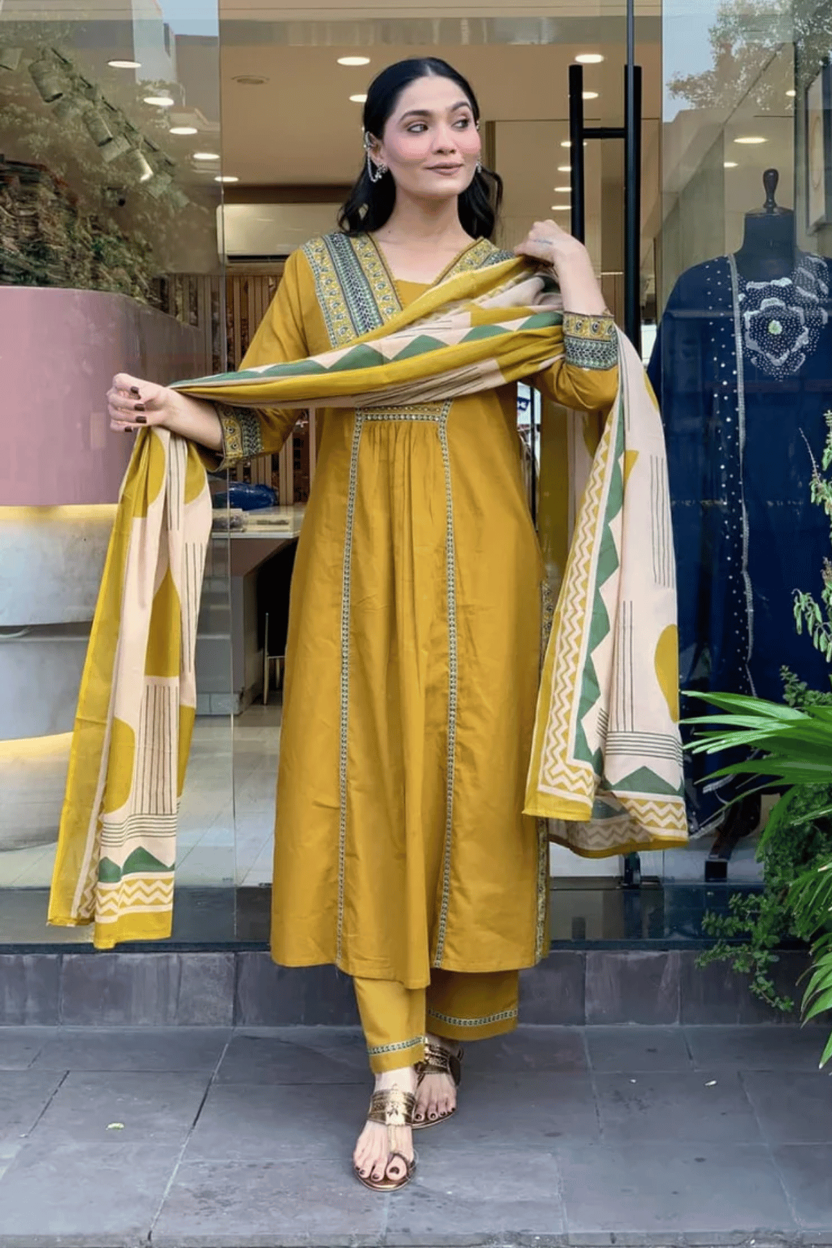 Majestic Diva Mustard Yellow Embroidered and Printed Dupatta set