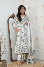 Majestic Diva's White & Black Printed Dupatta Set