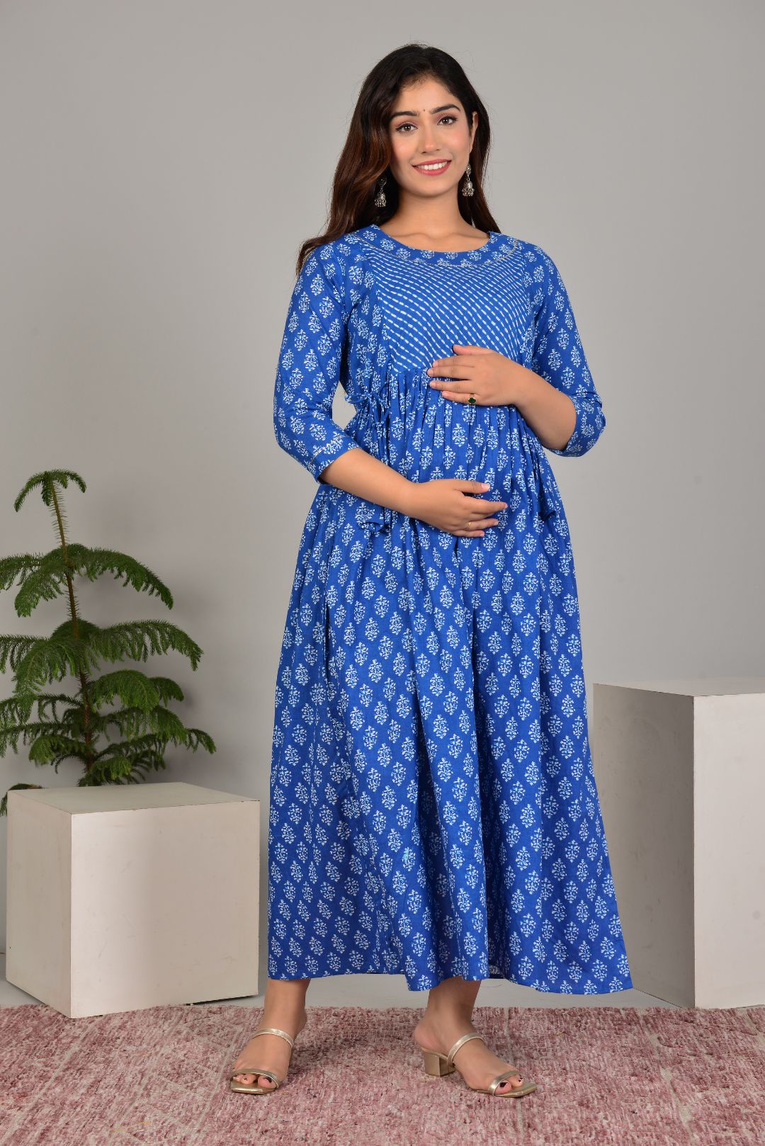 Majestic divas Cotton Blue White Buta Printed Maternity Feeding Kurta Dress with Dual Zippers Main image
