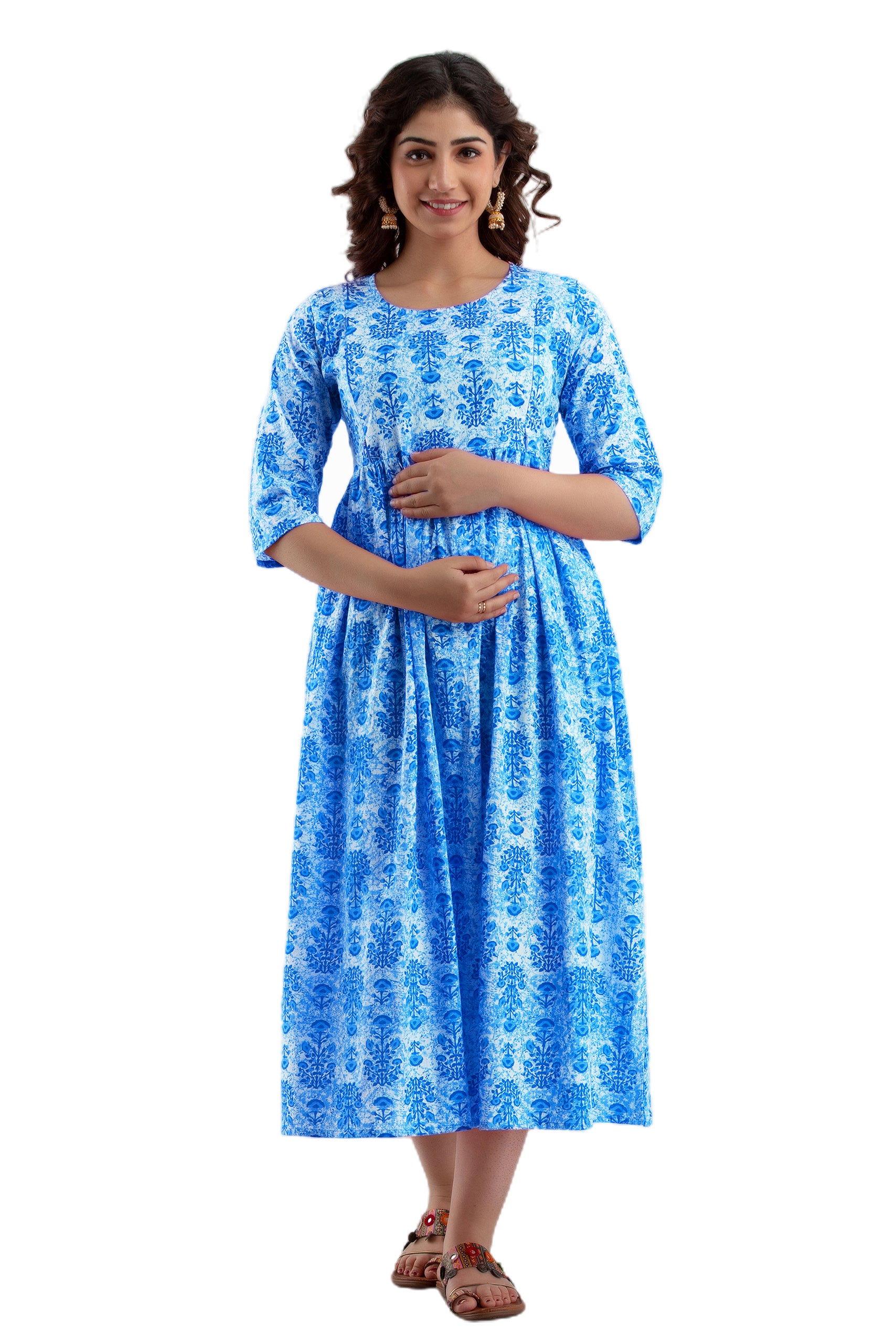 Majestic divas Cotton Sky Blue Floral Printed Maternity Feeding Kurta Dress with Dual Zippers Main image