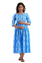 Majestic divas Cotton Sky Blue Floral Printed Maternity Feeding Kurta Dress with Dual Zippers