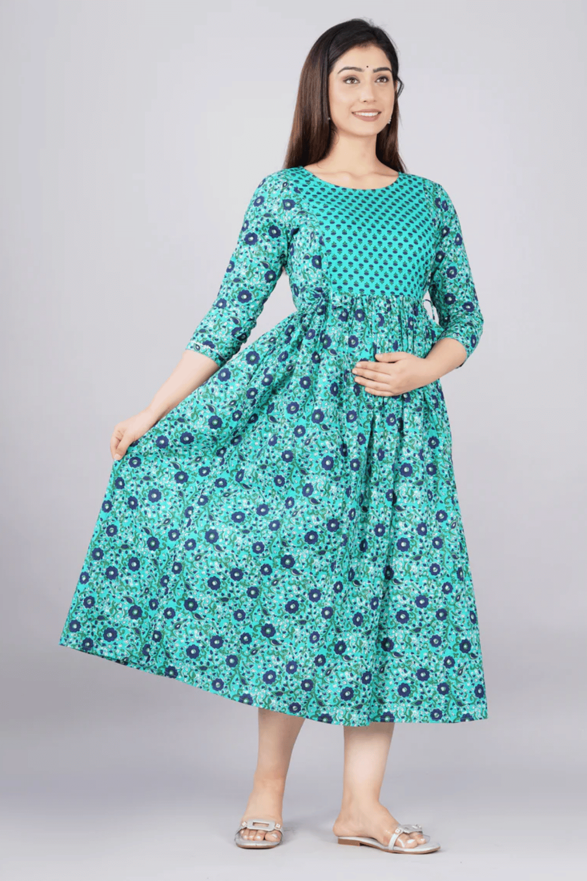 Majestic divas Cotton Teal Blue Black Floral Printed Maternity Feeding Kurta Dress with Dual Zippers Main image