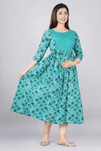 Majestic divas Cotton Teal Blue Black Floral Printed Maternity Feeding Kurta Dress with Dual Zippers