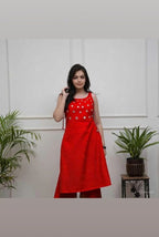 Red Cotton Spaghetti Strap Co-ord Set with Mirror Work