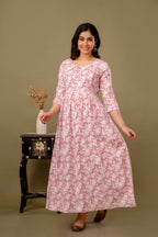 Majestic divas Cotton Blush Pink White Floral Printed Maternity Feeding Kurta Dress with Dual Side Zippers