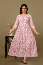 Majestic divas Cotton Blush Pink White Floral Printed Maternity Feeding Kurta Dress with Dual Side Zippers