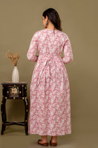 Majestic divas Cotton Blush Pink White Floral Printed Maternity Feeding Kurta Dress with Dual Side Zippers