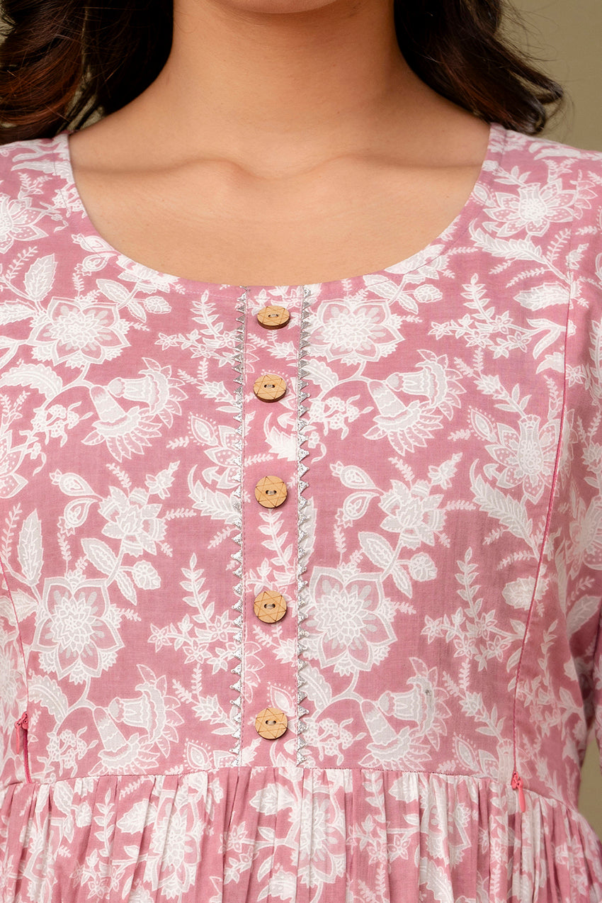 Majestic divas Cotton Blush Pink White Floral Printed Maternity Feeding Kurta Dress with Dual Side Zippers
