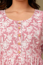 Majestic divas Cotton Blush Pink White Floral Printed Maternity Feeding Kurta Dress with Dual Side Zippers