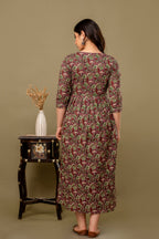 Majestic divas Cotton Wine Maroon Floral Maternity Feeding Kurta Dress with Dual Side Zippers
