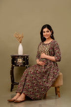 Majestic divas Cotton Wine Maroon Floral Maternity Feeding Kurta Dress with Dual Side Zippers