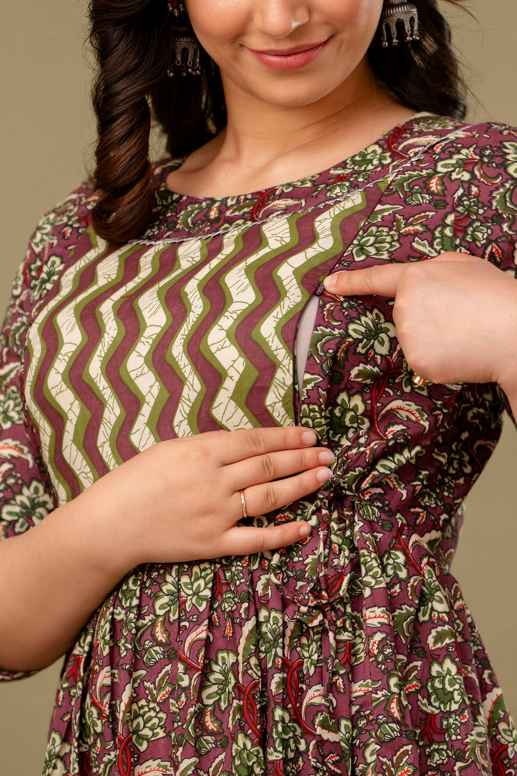 Majestic divas Cotton Wine Maroon Floral Maternity Feeding Kurta Dress with Dual Side Zippers