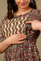 Majestic divas Cotton Wine Maroon Floral Maternity Feeding Kurta Dress with Dual Side Zippers