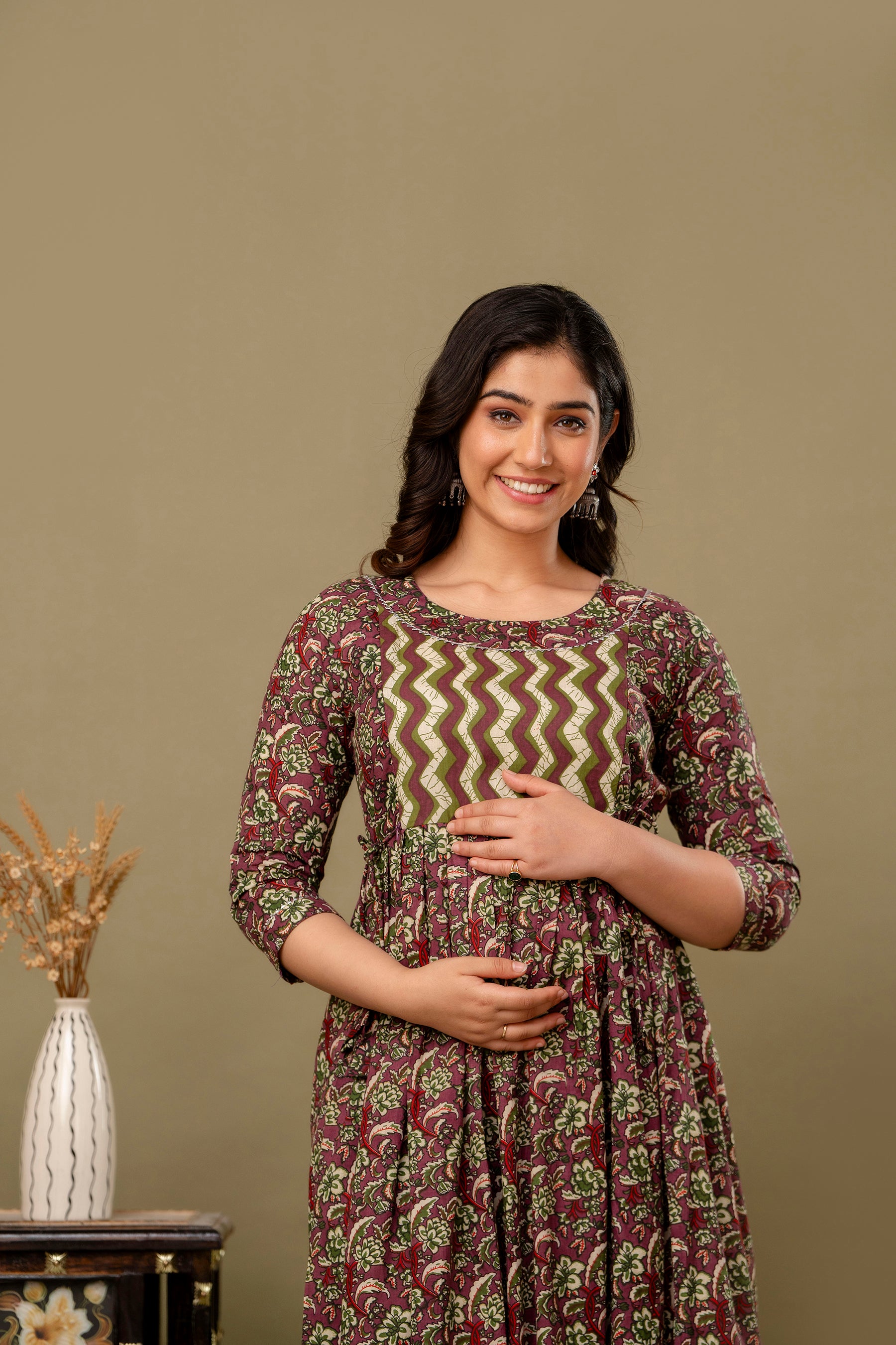 Majestic divas Cotton Wine Maroon Floral Maternity Feeding Kurta Dress with Dual Side Zippers