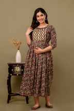 Majestic divas Cotton Wine Maroon Floral Maternity Feeding Kurta Dress with Dual Side Zippers