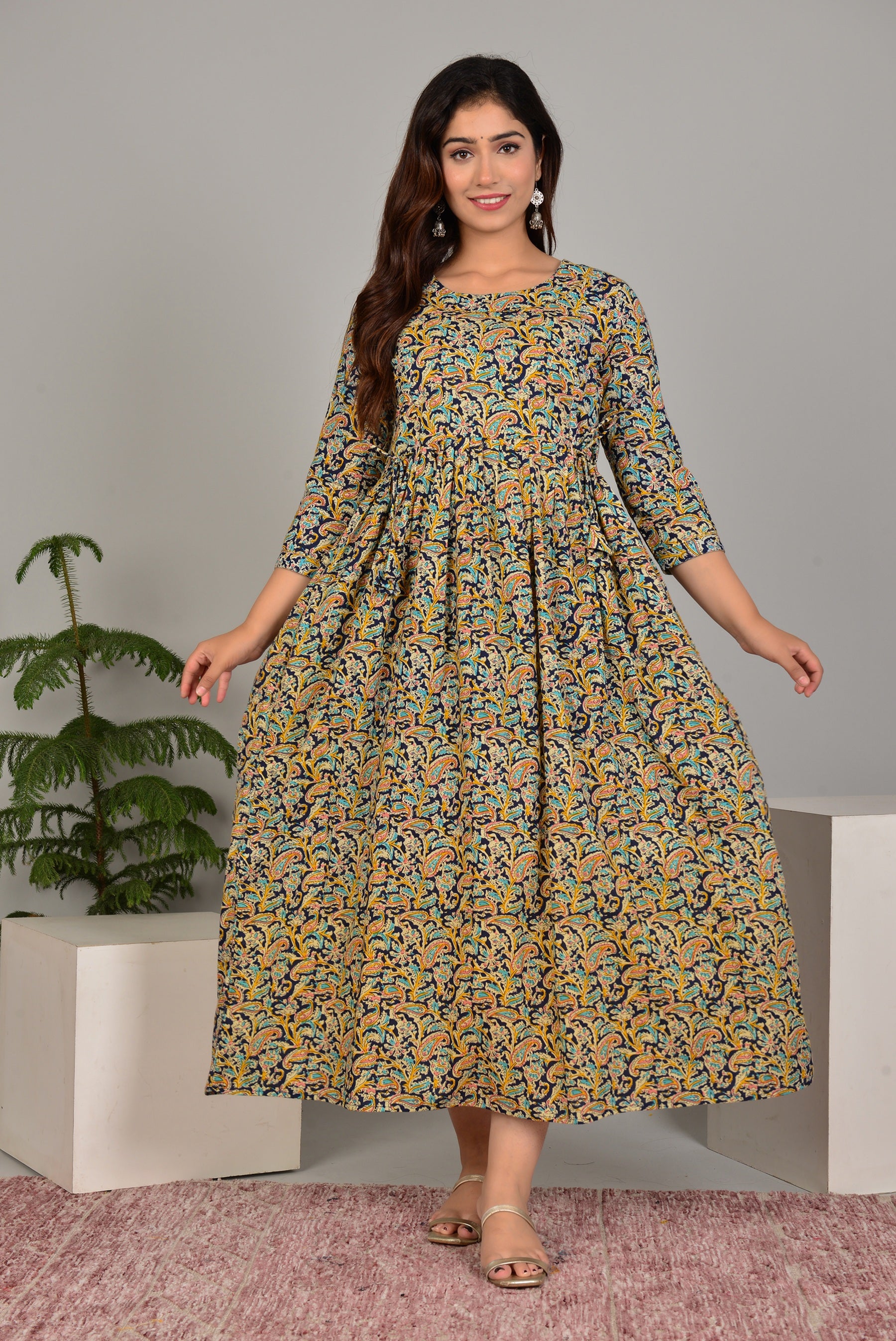 Majestic divas Cotton Navy Blue Paisley Floral Printed Maternity Feeding Kurta Dress with Dual Zippers Main image