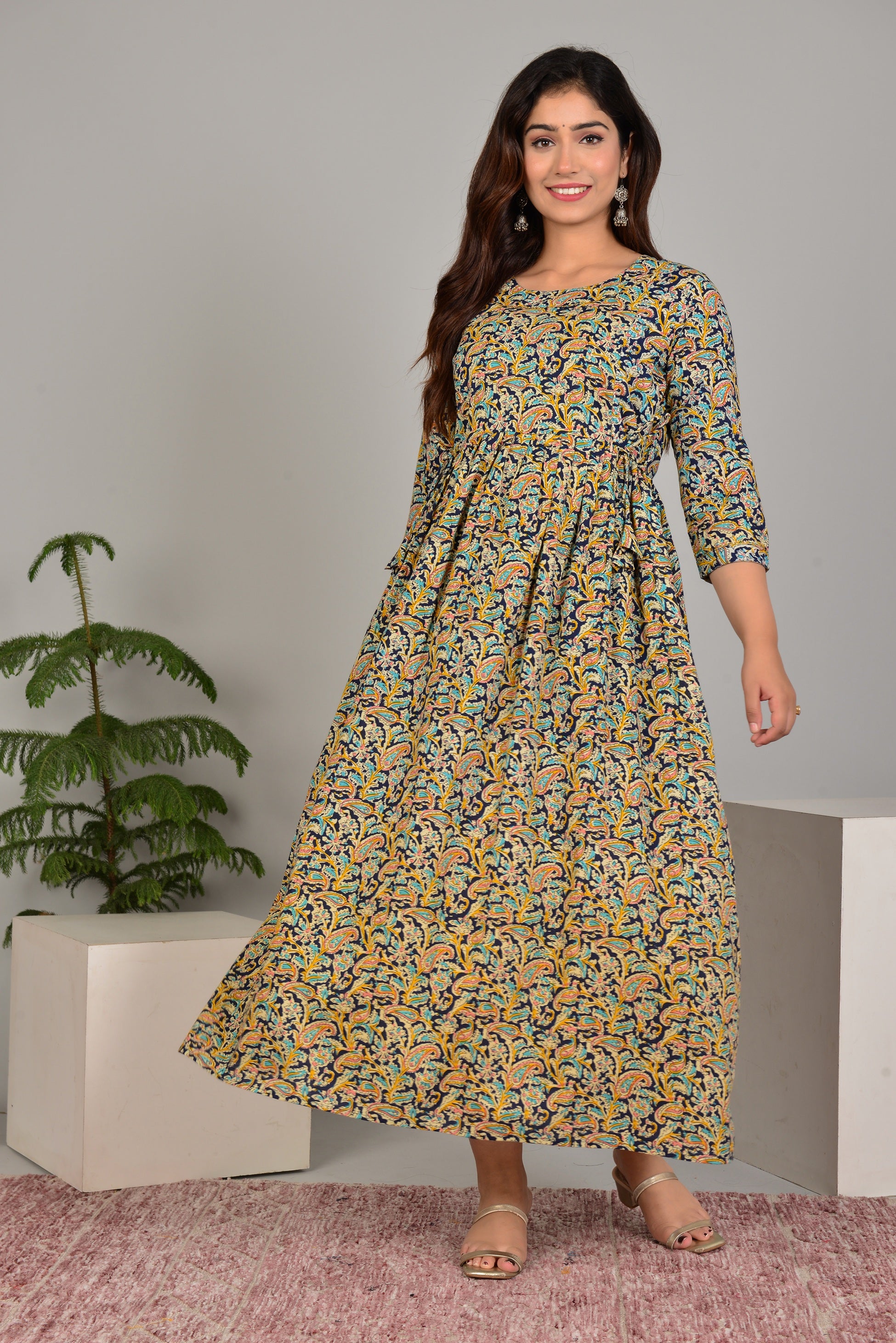 Majestic divas Cotton Navy Blue Paisley Floral Printed Maternity Feeding Kurta Dress with Dual Zippers