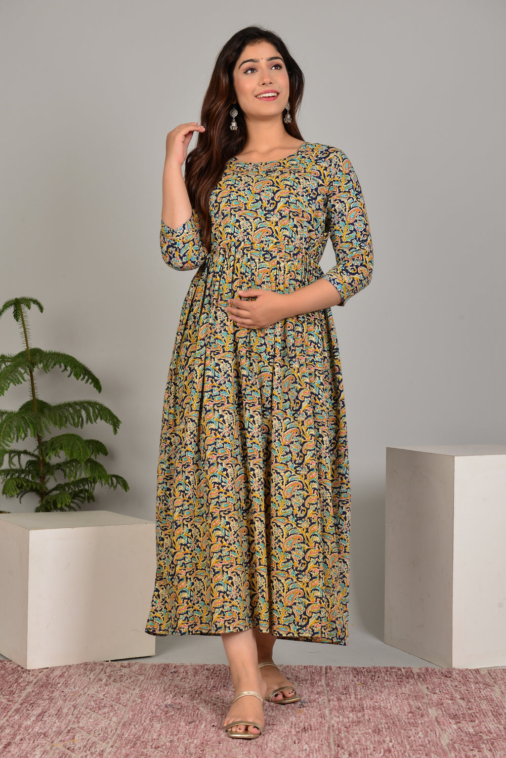 Majestic divas Cotton Navy Blue Paisley Floral Printed Maternity Feeding Kurta Dress with Dual Zippers