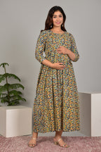 Majestic divas Cotton Navy Blue Paisley Floral Printed Maternity Feeding Kurta Dress with Dual Zippers