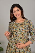 Majestic divas Cotton Navy Blue Paisley Floral Printed Maternity Feeding Kurta Dress with Dual Zippers