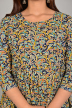 Majestic divas Cotton Navy Blue Paisley Floral Printed Maternity Feeding Kurta Dress with Dual Zippers