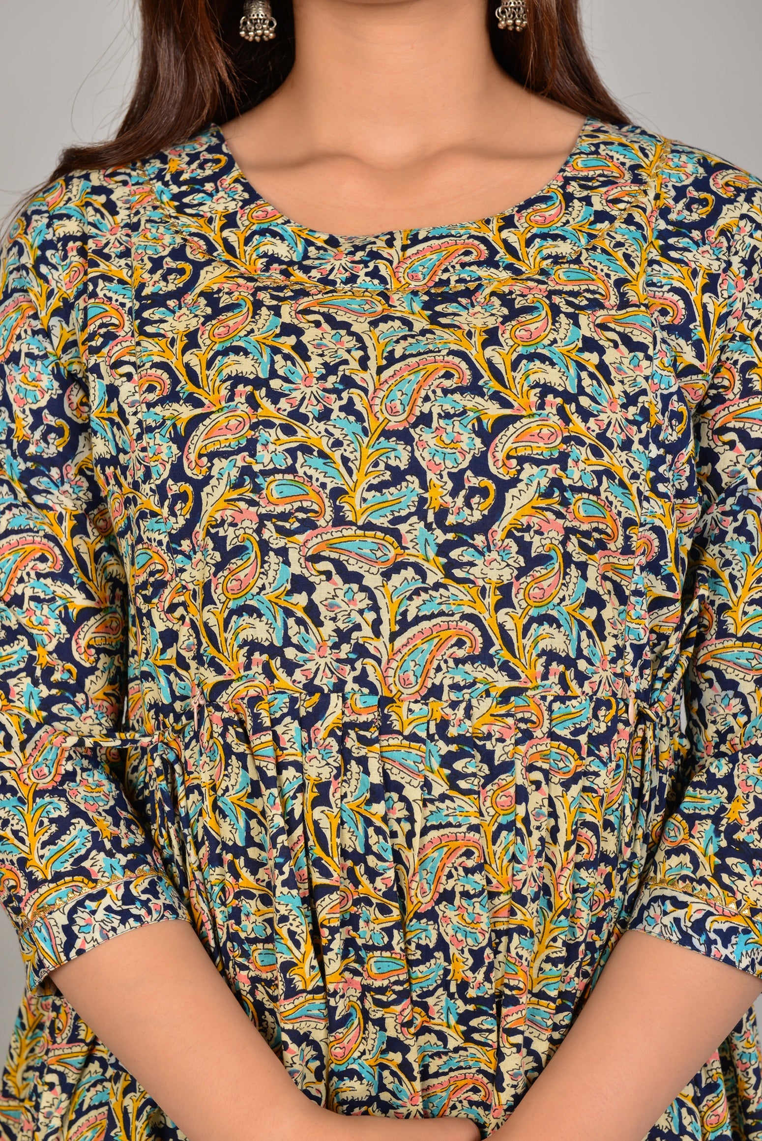 Majestic divas Cotton Navy Blue Paisley Floral Printed Maternity Feeding Kurta Dress with Dual Zippers