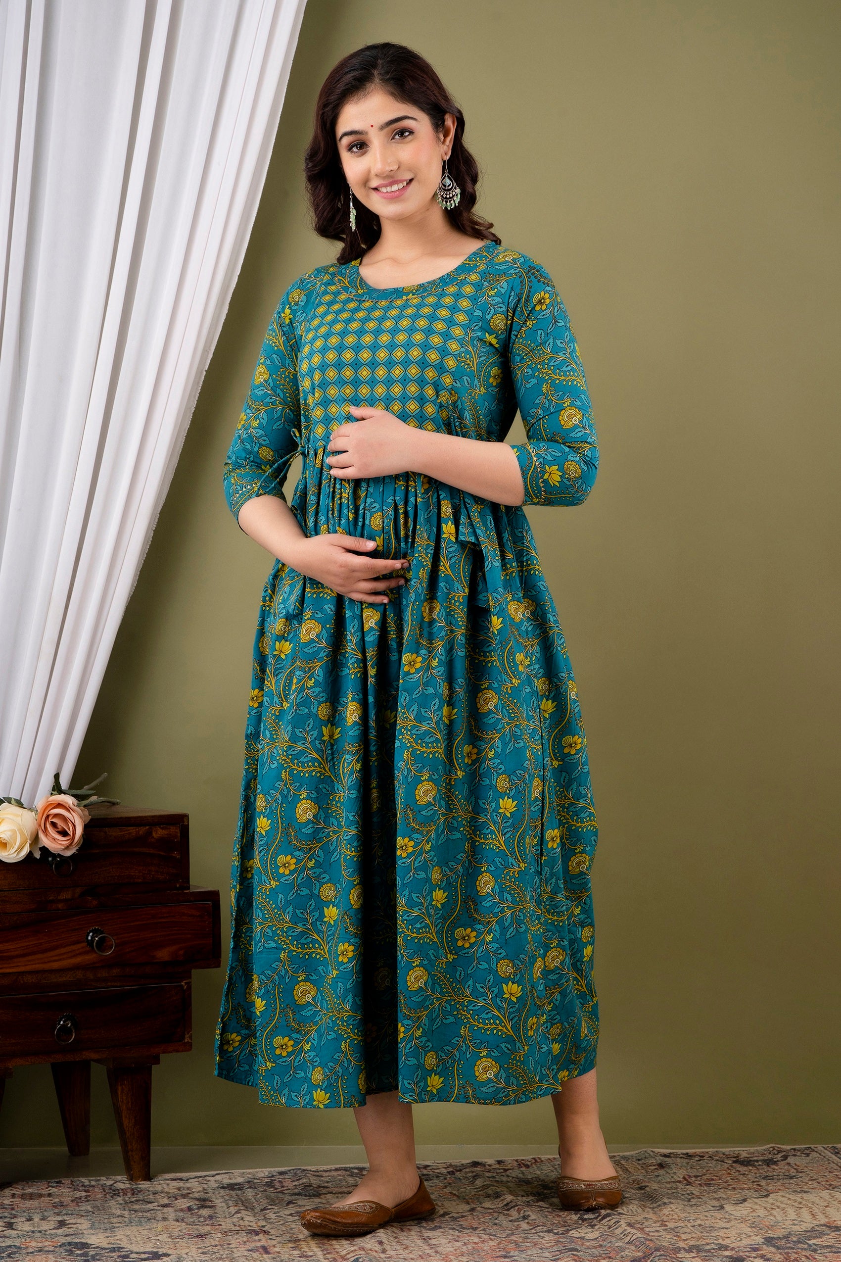 Majestic divas Cotton Teal Blue Floral Vine Printed Maternity Feeding Kurta Dress with Dual Zippers