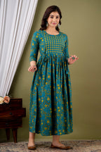 Majestic divas Cotton Teal Blue Floral Vine Printed Maternity Feeding Kurta Dress with Dual Zippers