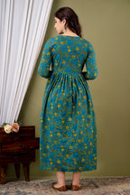Majestic divas Cotton Teal Blue Floral Vine Printed Maternity Feeding Kurta Dress with Dual Zippers