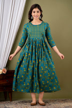 Majestic divas Cotton Teal Blue Floral Vine Printed Maternity Feeding Kurta Dress with Dual Zippers