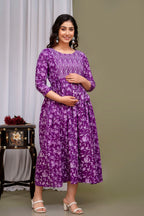 Majestic divas Cotton Purple Floral Printed Maternity Feeding Kurta Dress with Dual Zippers