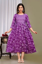 Majestic divas Cotton Purple Floral Printed Maternity Feeding Kurta Dress with Dual Zippers