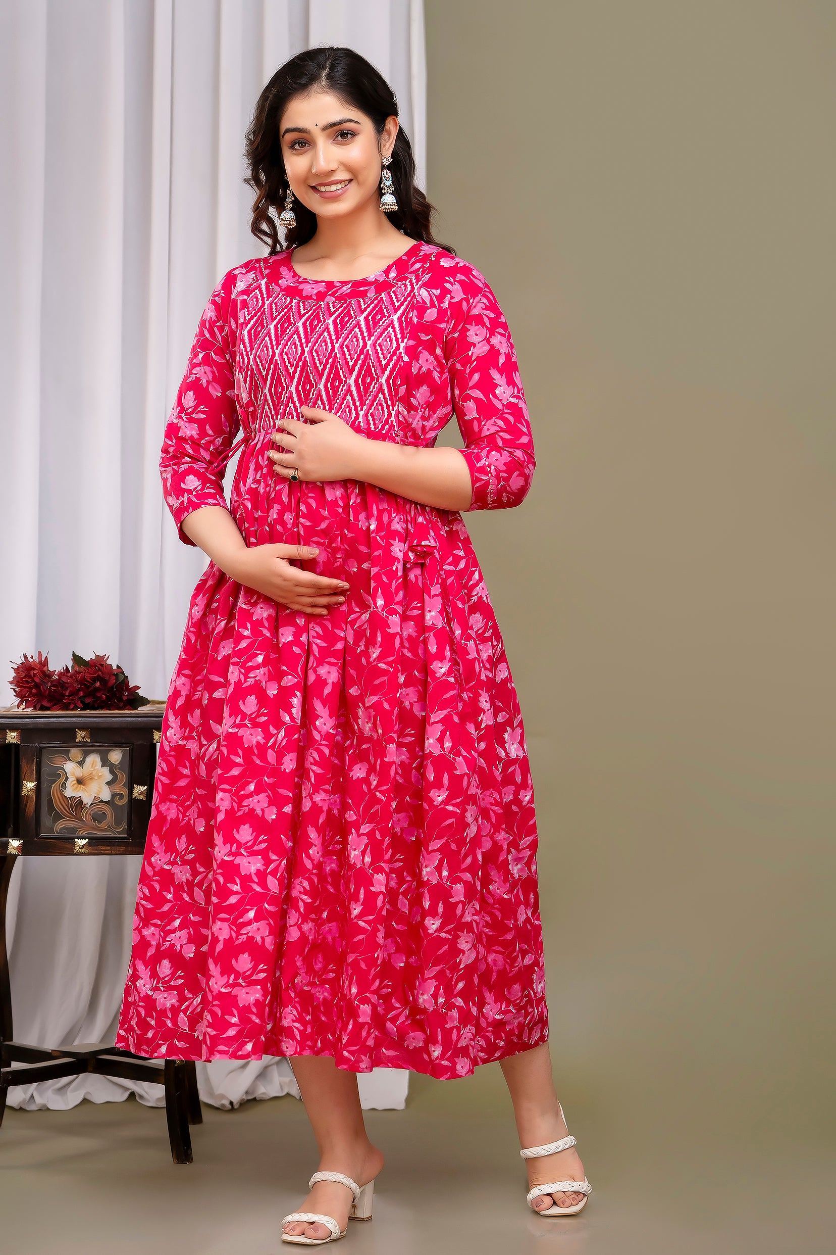 Majestic divas Cotton Rani Pink Floral Printed Maternity Feeding Kurta Dress with Dual Zippers