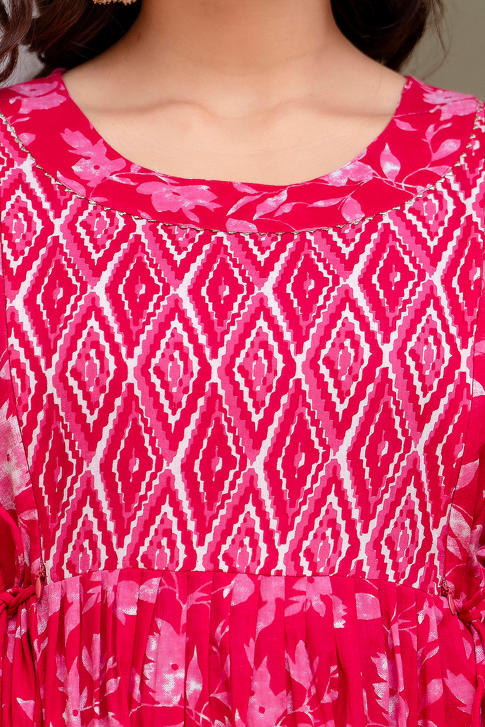 Majestic divas Cotton Rani Pink Floral Printed Maternity Feeding Kurta Dress with Dual Zippers
