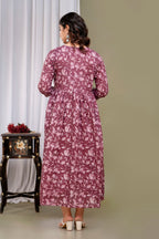 Majestic divas Cotton Dusty Mauve Floral Printed Maternity Feeding Kurta Dress with Dual Zippers