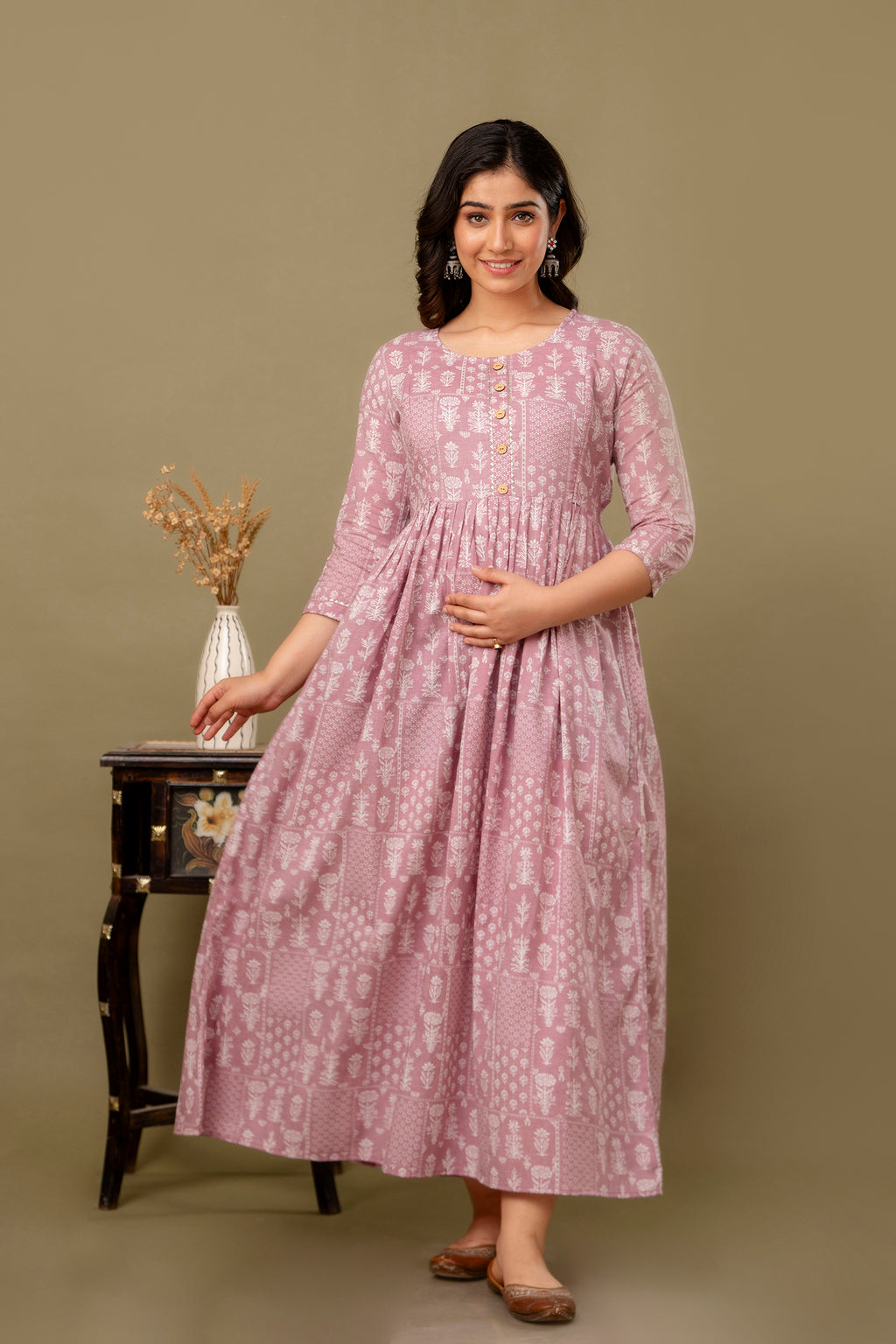 Majestic divas Cotton Dusty Rose Floral Printed Maternity Feeding Kurta Dress with Dual Zippers