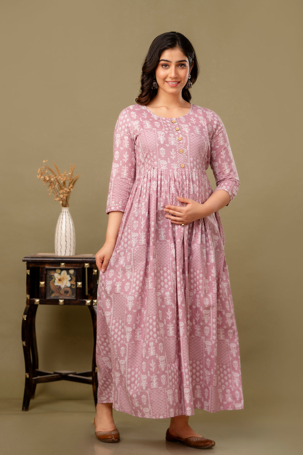 Majestic divas Cotton Dusty Rose Floral Printed Maternity Feeding Kurta Dress with Dual Zippers