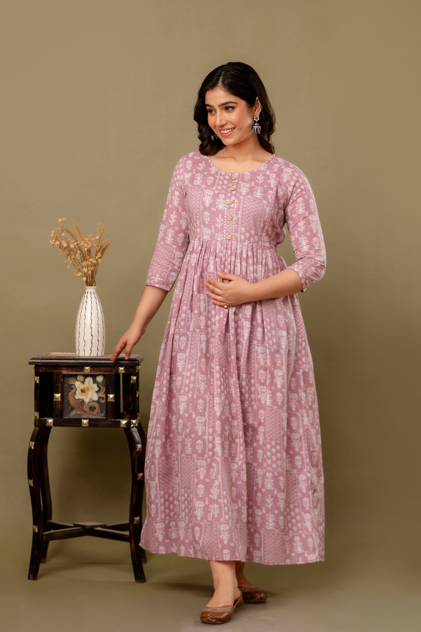 Majestic divas Cotton Dusty Rose Floral Printed Maternity Feeding Kurta Dress with Dual Zippers Main image