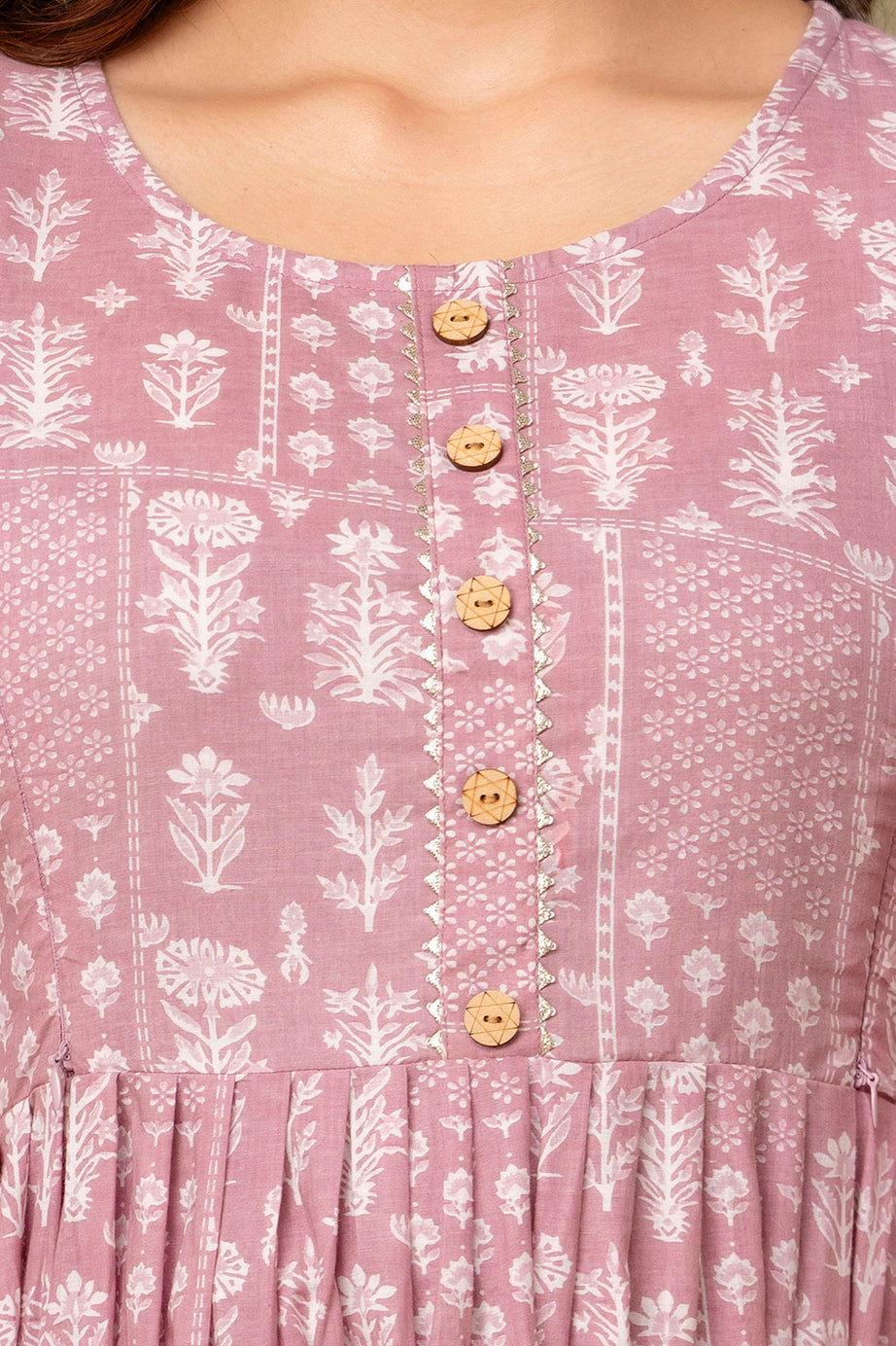 Majestic divas Cotton Dusty Rose Floral Printed Maternity Feeding Kurta Dress with Dual Zippers