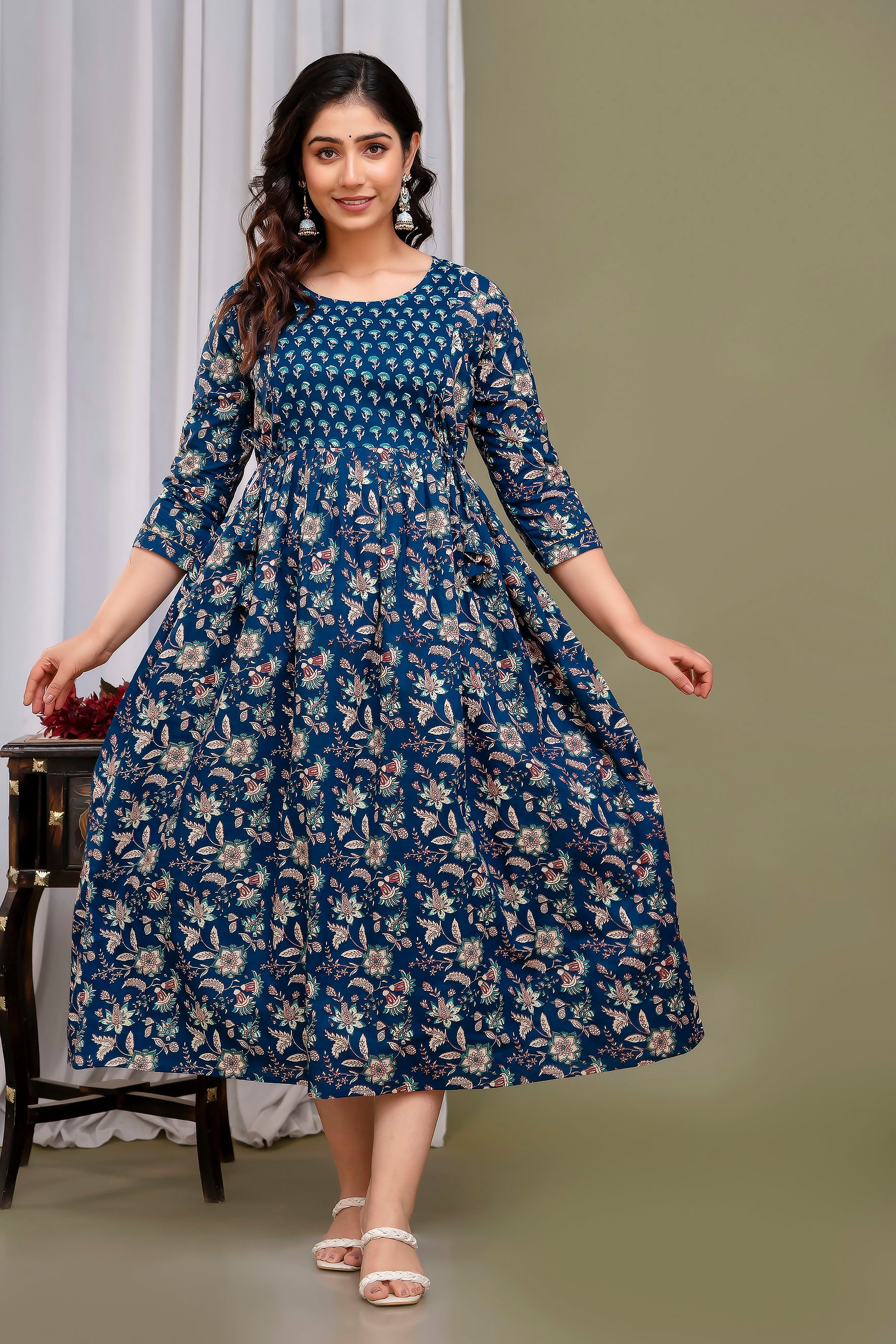 Majestic divas Cotton Navy Blue Floral Printed Maternity Feeding Kurta Dress with Dual Zippers