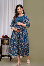 Majestic divas Cotton Navy Blue Floral Printed Maternity Feeding Kurta Dress with Dual Zippers