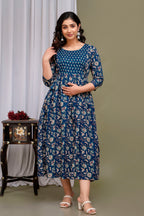 Majestic divas Cotton Navy Blue Floral Printed Maternity Feeding Kurta Dress with Dual Zippers