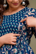 Majestic divas Cotton Navy Blue Floral Printed Maternity Feeding Kurta Dress with Dual Zippers