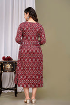 Majestic divas Cotton Maroon Floral Printed Maternity Feeding Kurta Dress with Dual Zippers