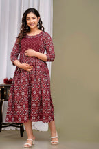 Majestic divas Cotton Maroon Floral Printed Maternity Feeding Kurta Dress with Dual Zippers