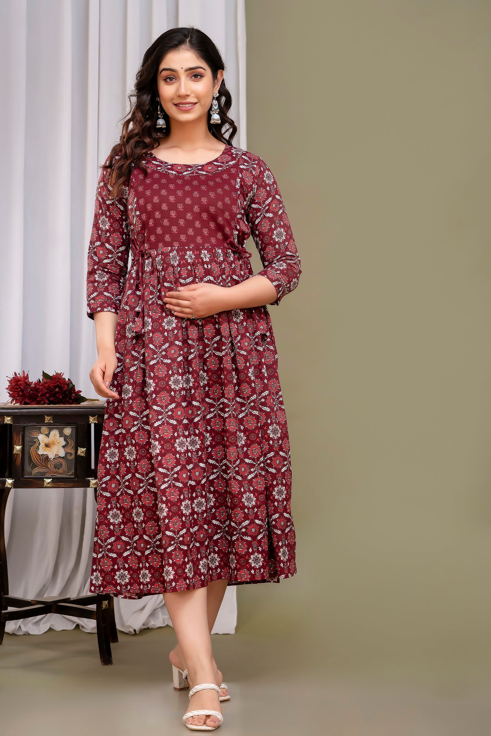 Majestic divas Cotton Maroon Floral Printed Maternity Feeding Kurta Dress with Dual Zippers Main image
