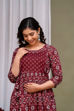 Majestic divas Cotton Maroon Floral Printed Maternity Feeding Kurta Dress with Dual Zippers