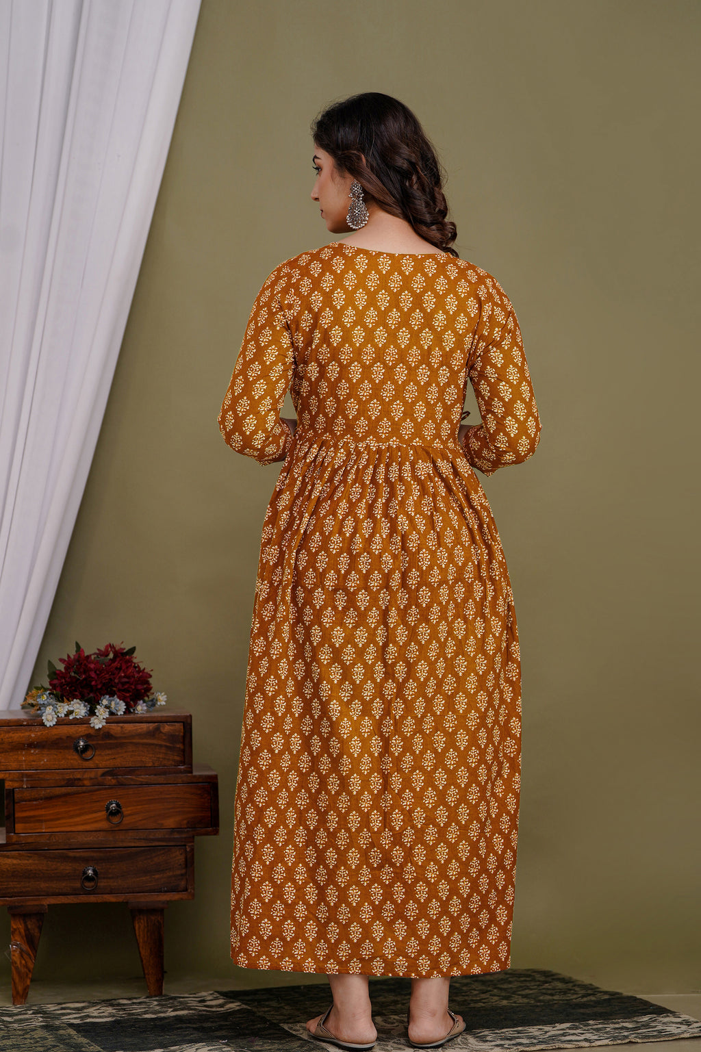 Majestic divas Cotton Rust Orange Printed Maternity Feeding Kurta Dress with Dual Zippers